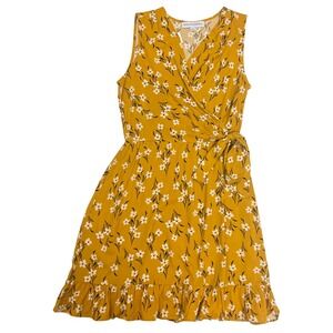 Emma & Michelle Women's Sleeveless Yellow Faux Wrap Dress Floral Boho Sz M NWT